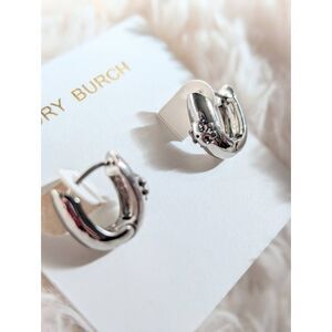 Tory Burch Silver Mini T Logo Huggie Hoop Earrings